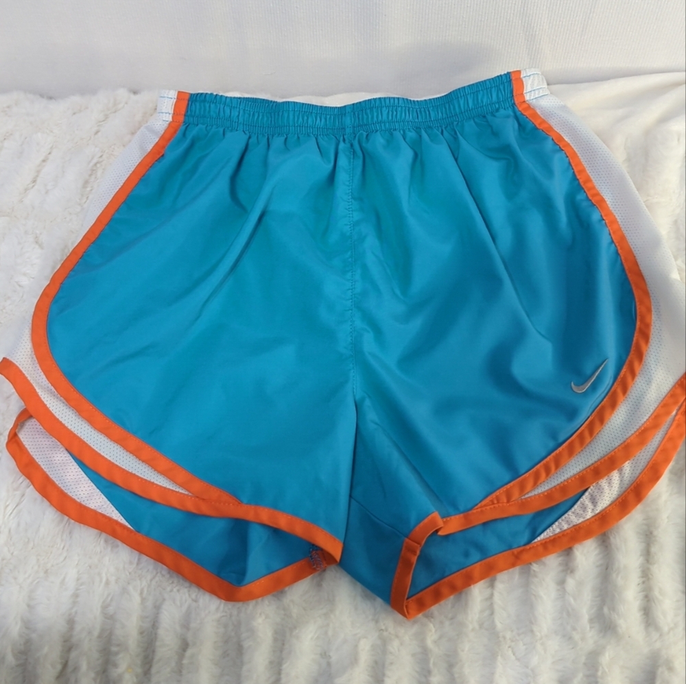 Nike Dri-Fit Ladies‎ Blue, Orange And White Lined Running Shorts Size Small 510